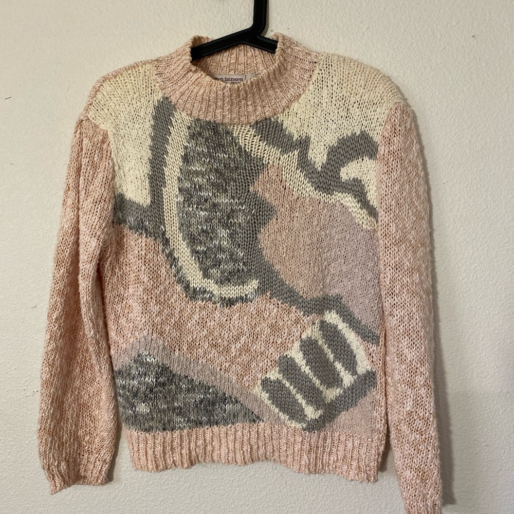 Lauren Hansen Pink Handknit Vintage 80s Sweater With Shoulderpads Size M Petite